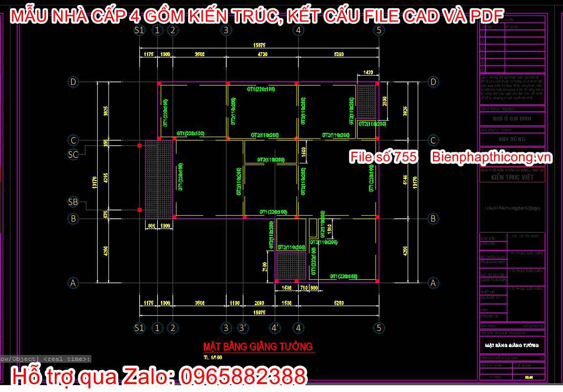 Bản vẽ kết cấu dầm sàn nhà cấp 4 mái nhật 4 ngủ chữ L.