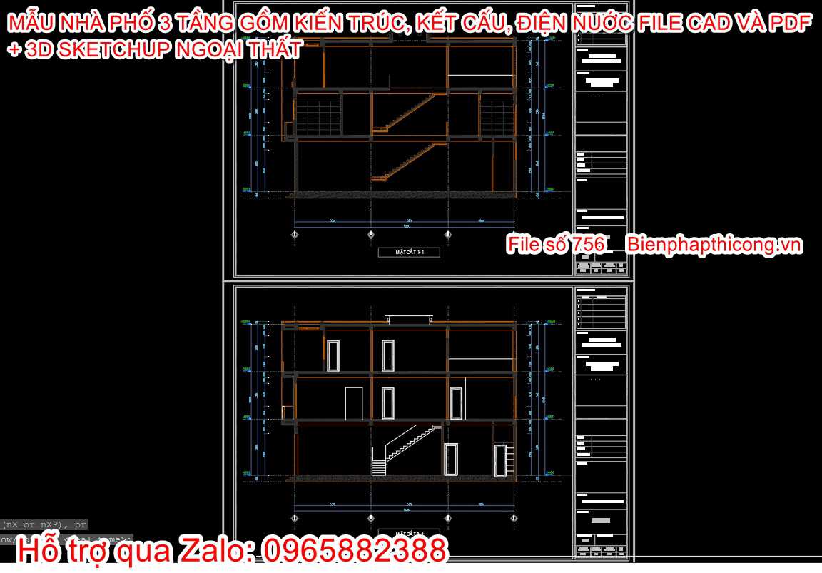 Bản vẽ mặt cắt nhà phố 3 tầng full cad.