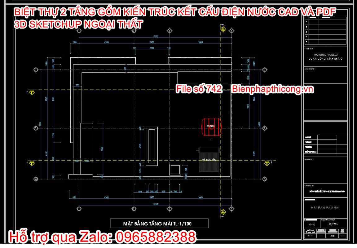 Bản vẽ thiết kế mặt bằng mái nhà 2 tầng 9m x 12,5m.