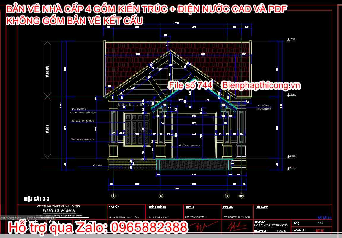 Bản vẽ thiết kế mặt cắt nhà cấp 4 3 ngủ 110m2.