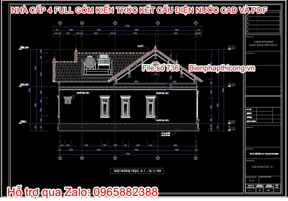 File thiết kế cad nhà cấp 4 3 ngủ 14,5m x 11m.