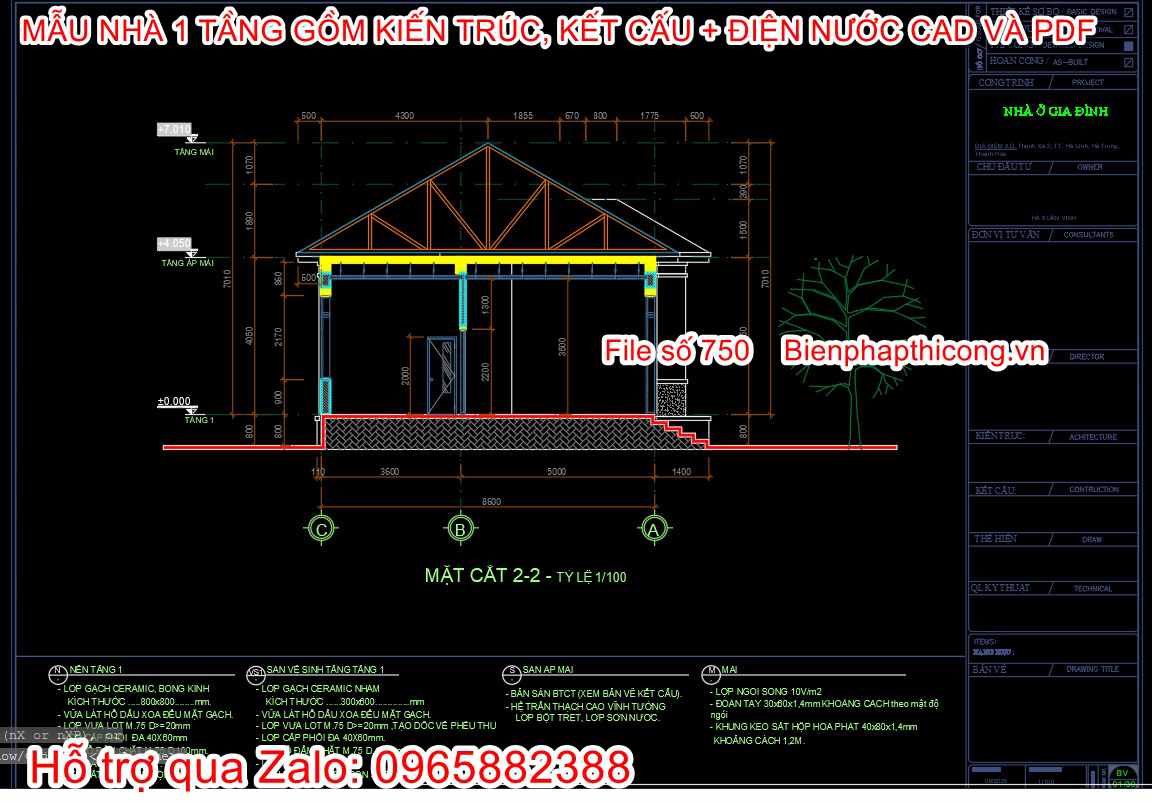 Mặt cắt mẫu biệt thự 1 tầng mái nhật đẹp.