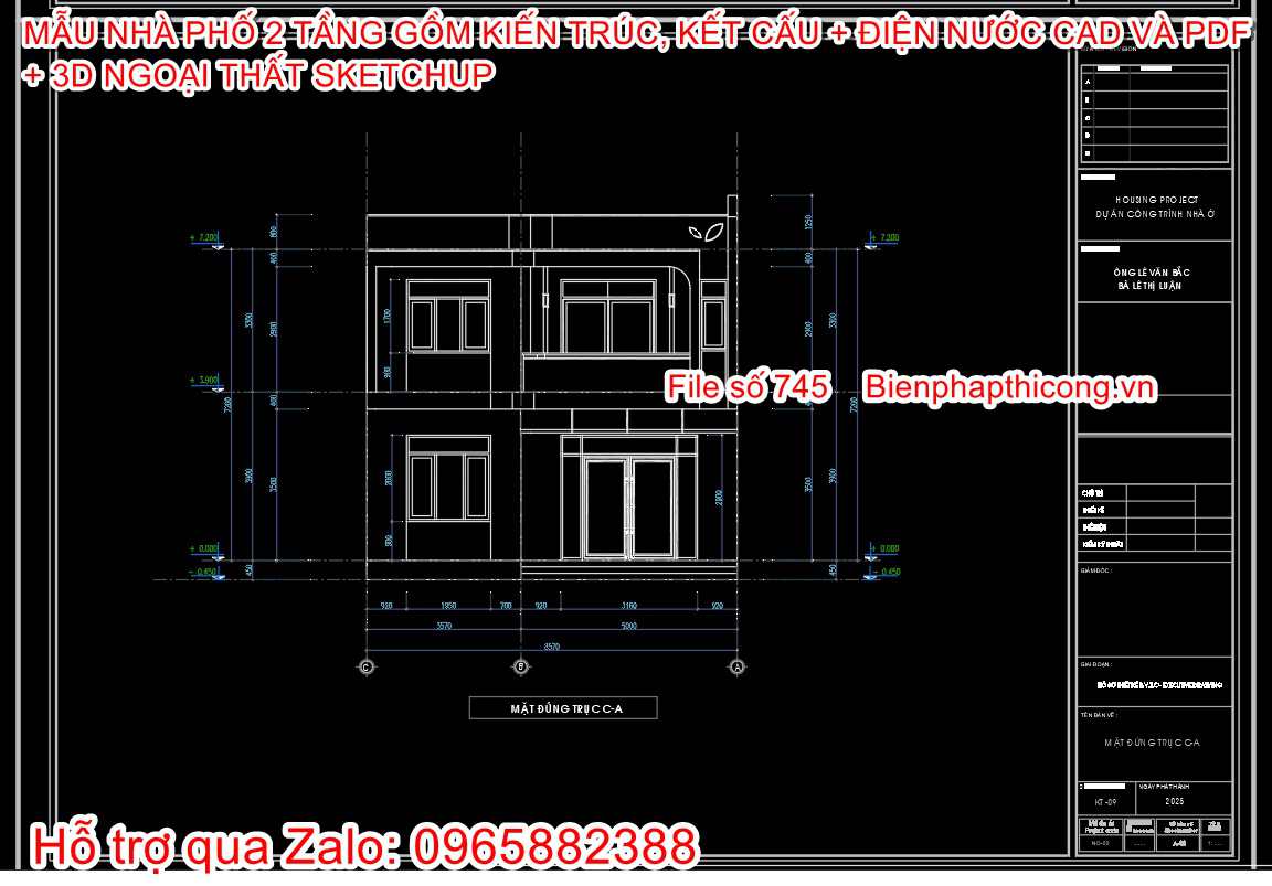 Mặt đứng nhà phố 2 tầng rộng 8,5m x 9m.