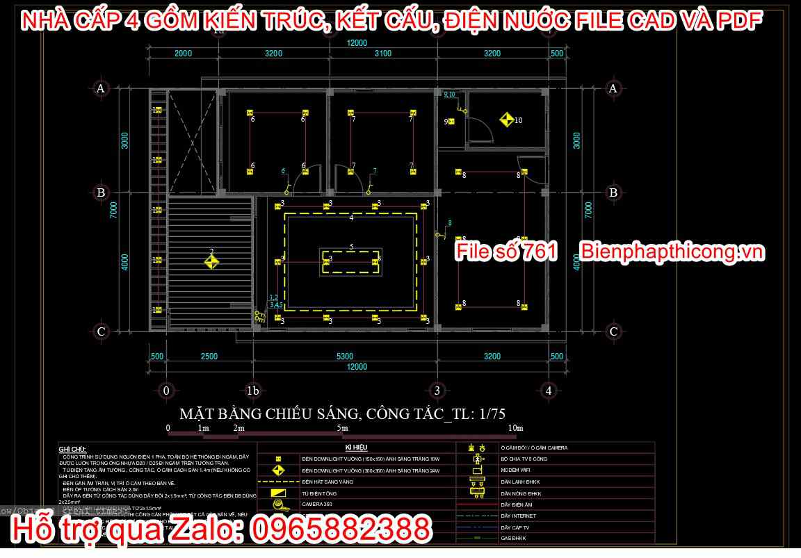 Bản vẽ điện chiếu sáng nhà cấp 4 7m x 11,5m đẹp.