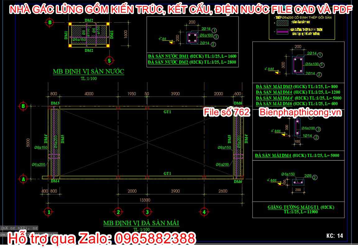 Bản vẽ mái nhà gác lửng đẹp 5m x 16m.