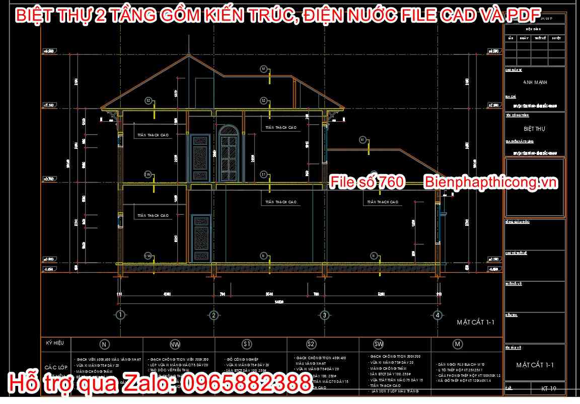 Bản vẽ mặt cắt biệt thự 2 tầng địa trung hải 15m.