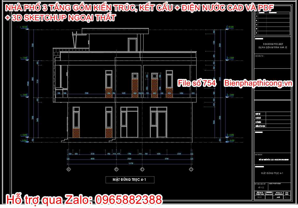 Bản vẽ mặt đứng nhà phố 3 tầng 6,5m x 12m.