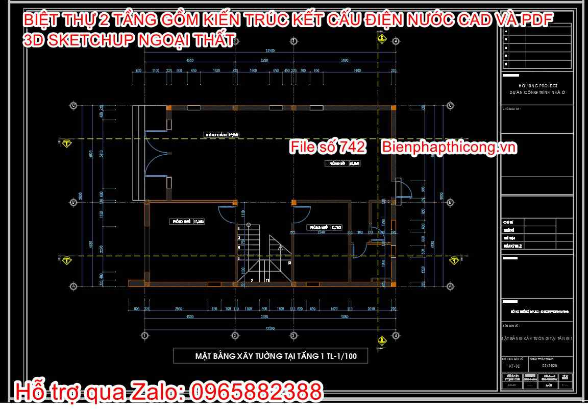 Bản vẽ thi công nhà 2 tầng 9m x 12,5m.
