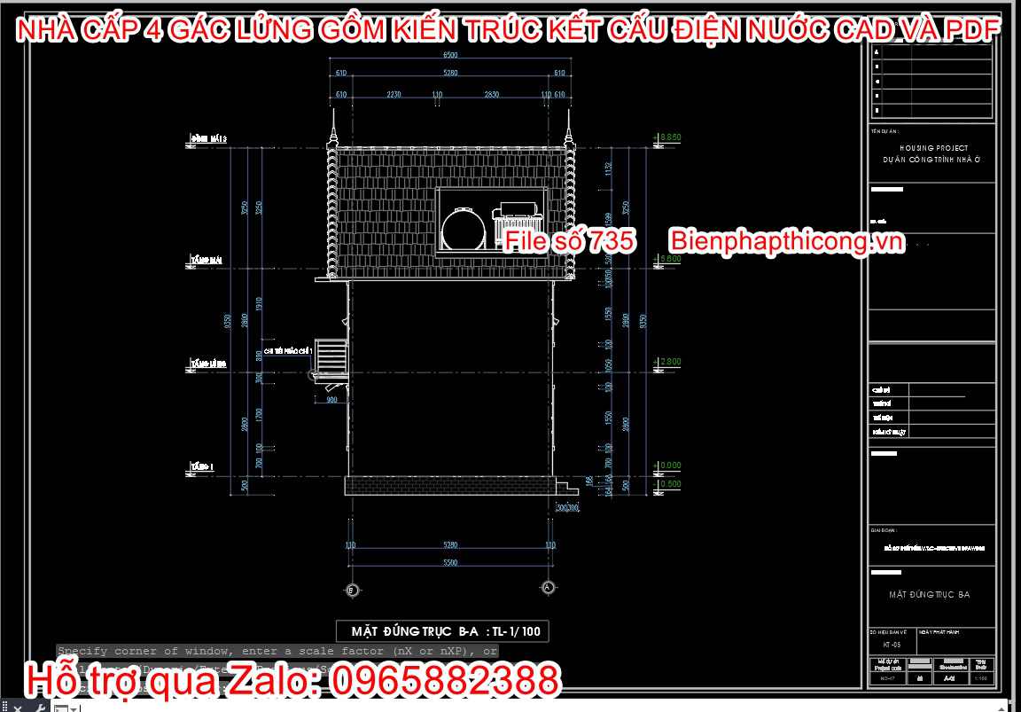Bản vẽ thiết kế mặt đứng nhà cấp 4 gác lửng 5,5m 3 ngủ.
