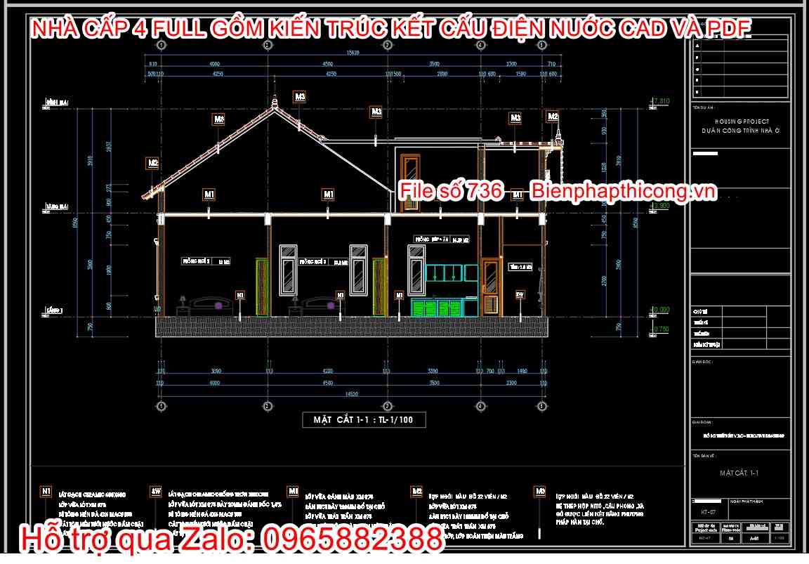 Mặt cắt mẫu nhà cấp 4 3 ngủ đẹp.