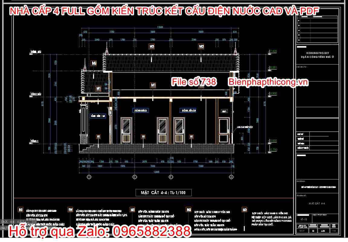 Mặt cắt nhà cấp 4 3 ngủ cad đẹp.