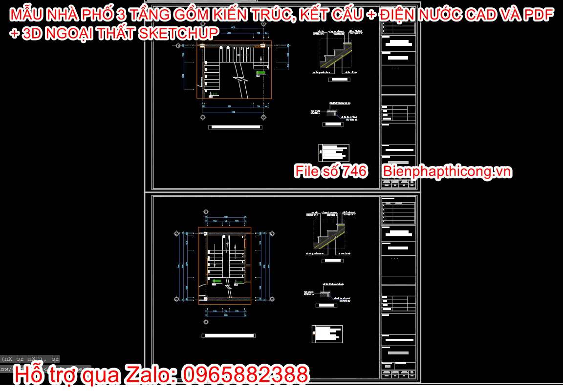 Bản vẽ cad cầu thang nhà phố 3 tầng đẹp.