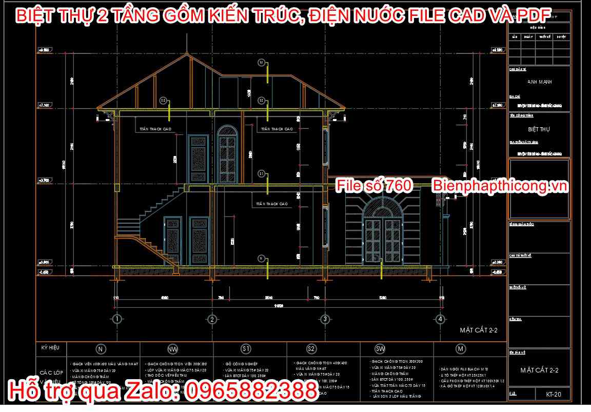 Bản vẽ kiến trúc biệt thự 2 tầng địa trung hải đẹp.