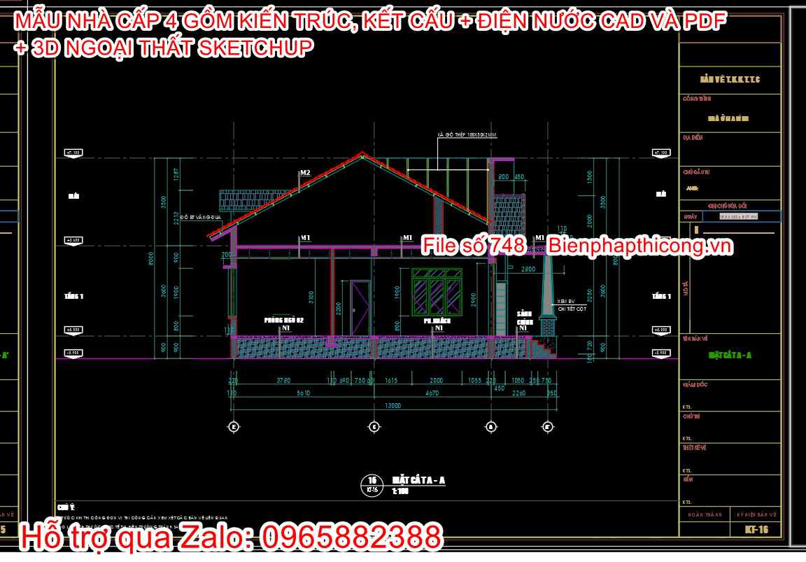 Bản vẽ mặt cắt nhà cấp 4 mái thái đẹp.
