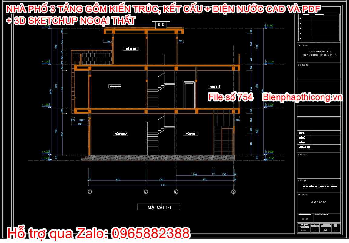 Bản vẽ mặt cắt nhà phố 3 tầng 6,5m x 12m.