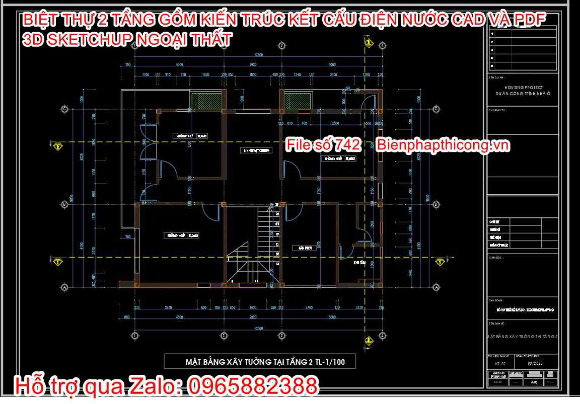 Bản vẽ thiết kế biệt thự 2 tầng 9m x 12,5m.