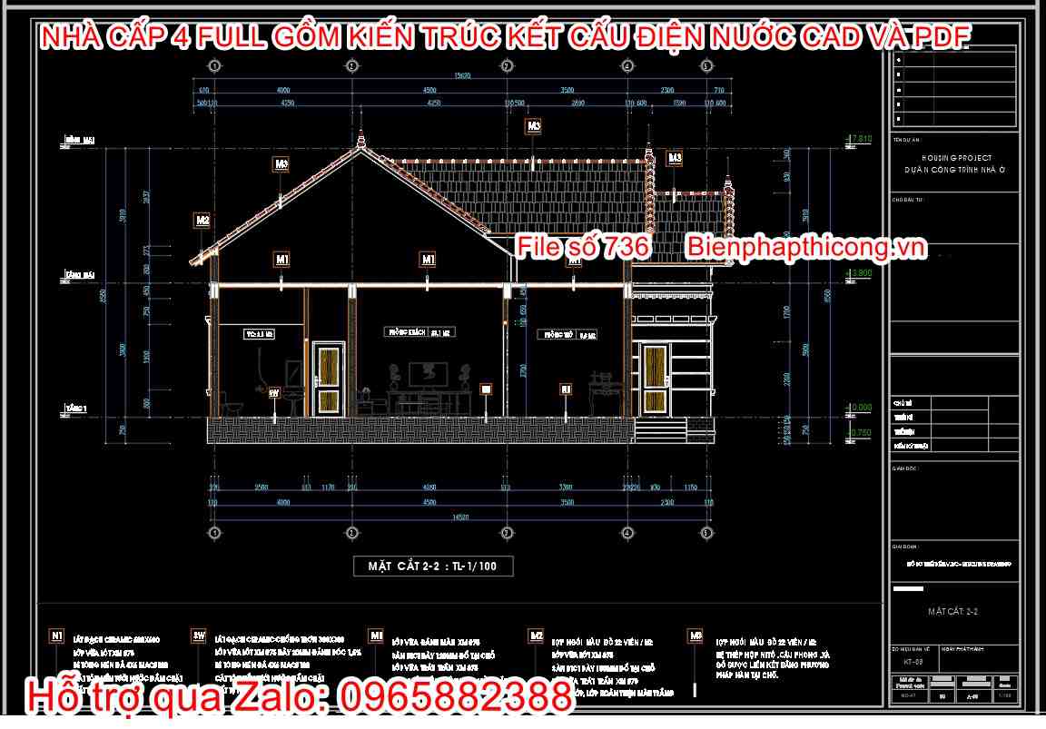 File dwg bản vẽ nhà cấp 4 3 ngủ 14,5m x 11m.