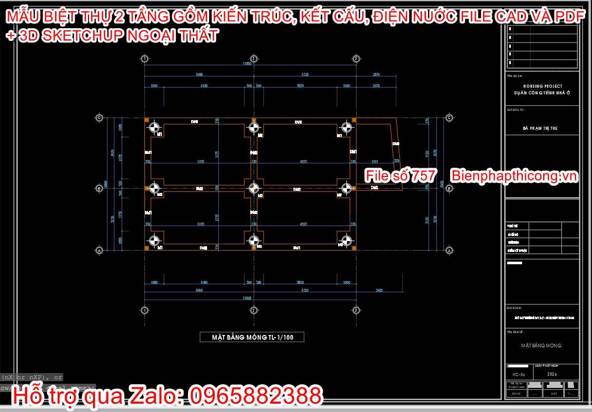 File thiết kế móng cọc khoan nhồi biệt thự 2 tầng mái nhật.