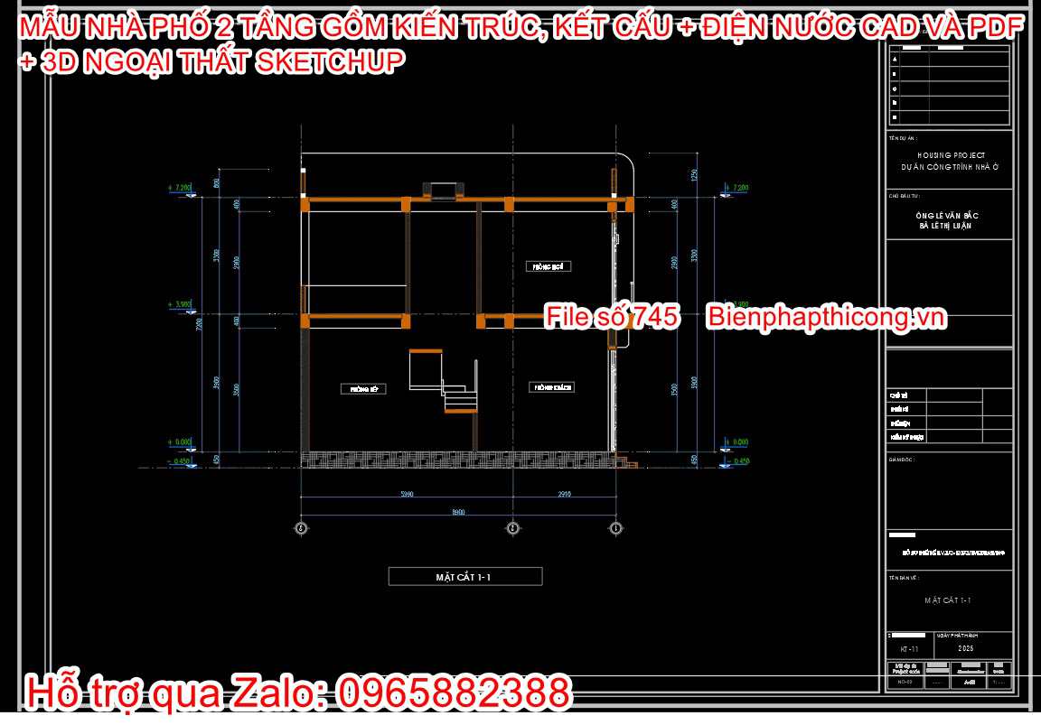 Mặt cắt nhà phố 2 tầng rộng 8,5m.