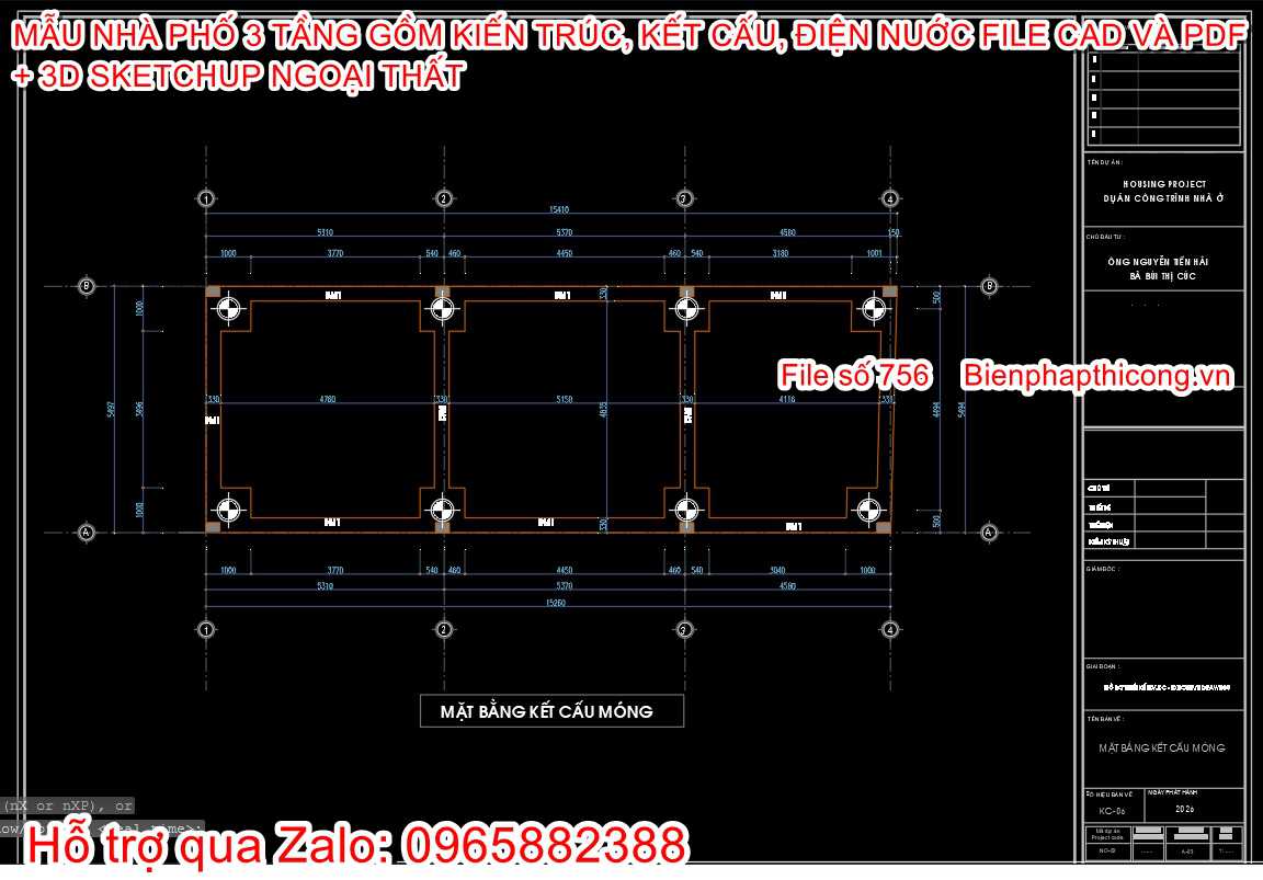 Tải bản vẽ cad kết cấu móng nhà phố 3 tầng 5,5m x 15,4m.