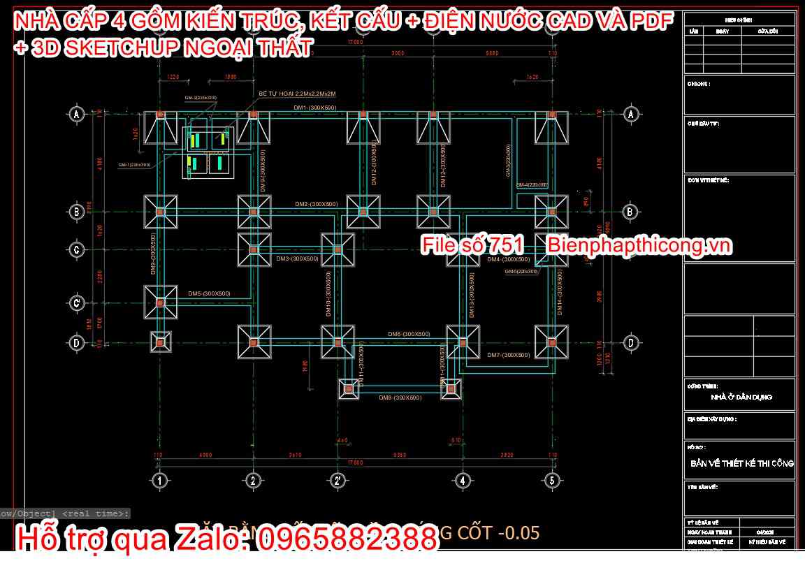 Bản vẽ cad kết cấu móng nhà 1 tầng mái nhật.