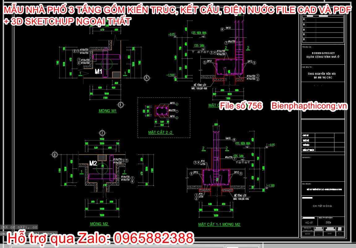 Bản vẽ kết cấu móng nhà phố 3 tầng 5,5m x 14,5m.