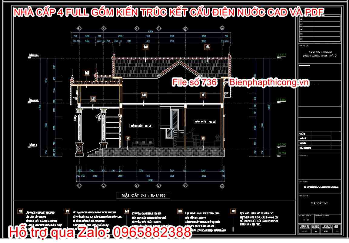 Bản vẽ mặt cắt nhà cấp 4 3 ngủ cad đẹp.