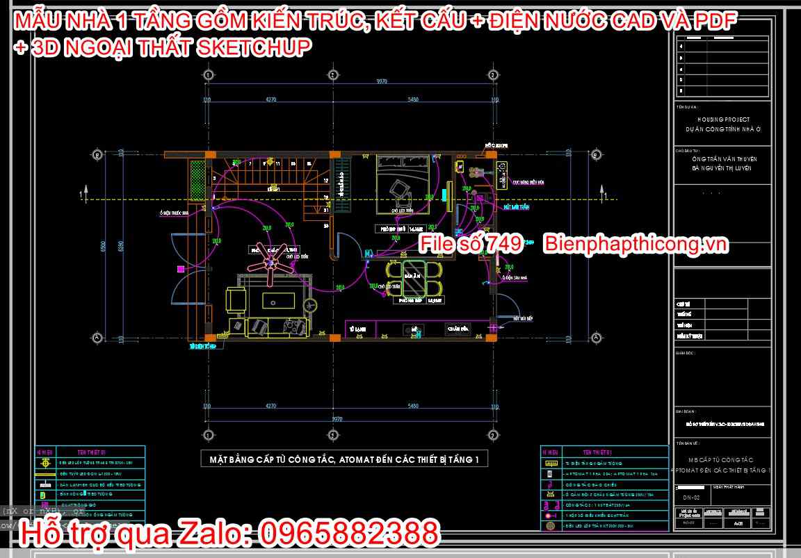 Bản vẽ thiết kế điện nước nhà 1 tầng.