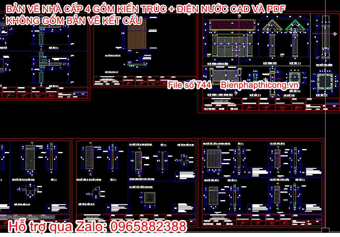 Bản vẽ thiết kế nhà cấp 4 3 ngủ mái thái 7,4m.