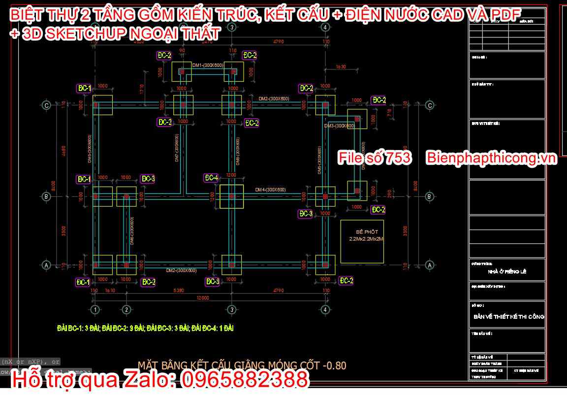 File dwg bản vẽ kết cấu móng cọc biệt thự 2 tầng tân cổ.