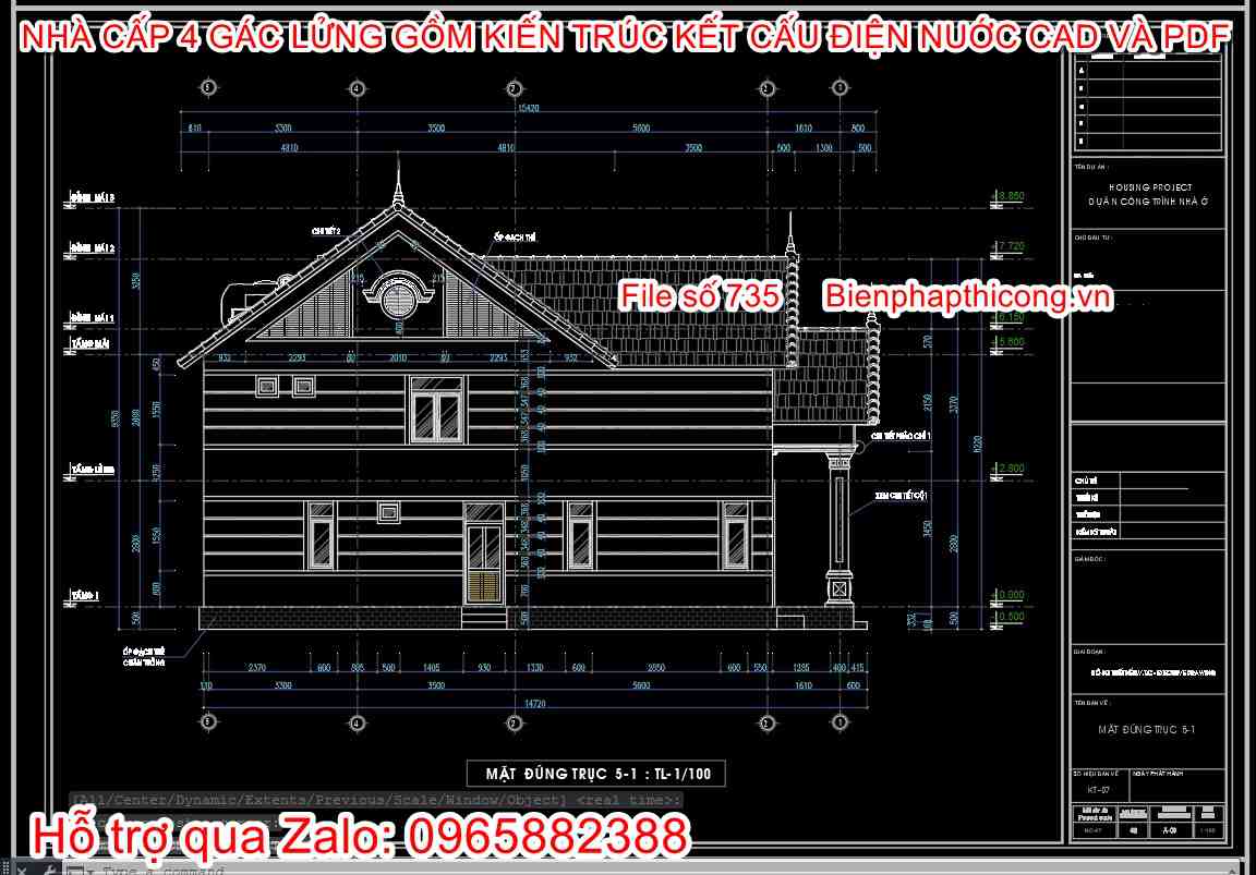 Mặt đứng cad nhà cấp 4 mái thái 3 ngủ 5,5m x 15m đẹp.