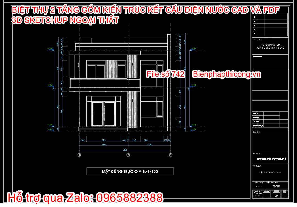 Mặt đứng công trình nhà 2 tầng 9m x 12,5m.