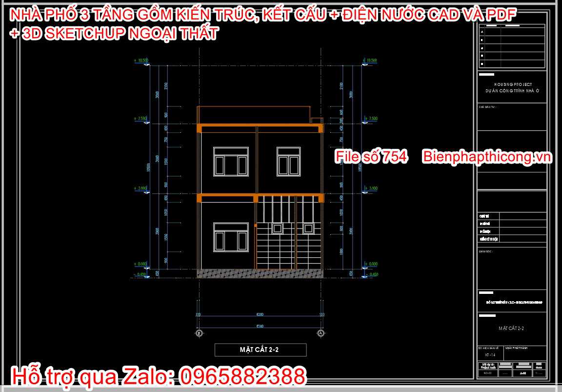 Mẫu nhà phố 3 tầng ngang 6,5m cad đẹp.