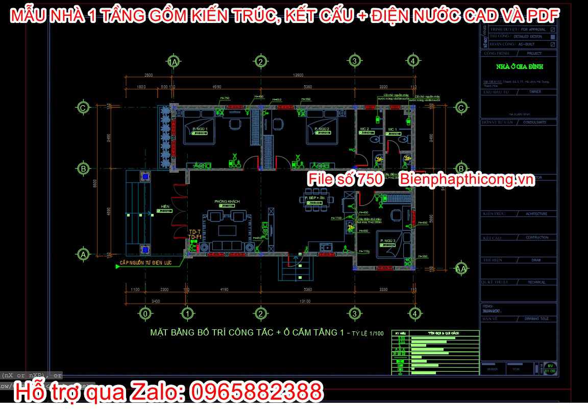 Tải bản vẽ thiết kế điện nước nhà cấp 4 3 ngủ 9,5m x 15m.