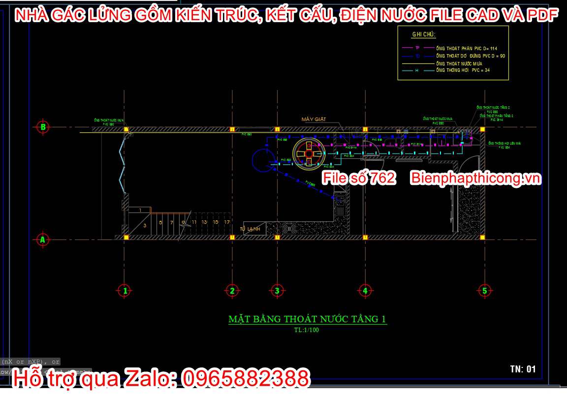 Thiết kế cấp thoát nước nhà gác lửng 5m x 16m.