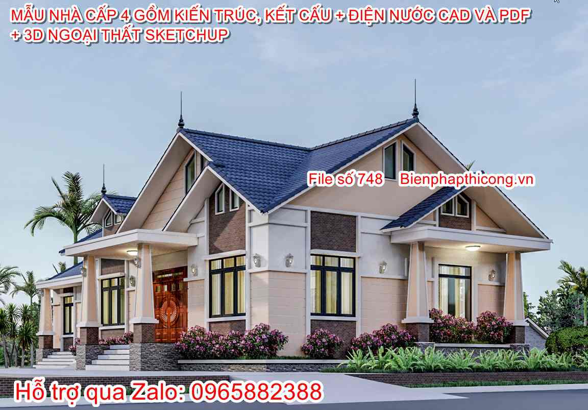 File cad bản vẽ nhà cấp 4 mái thái 200m2 4 ngủ đẹp.
