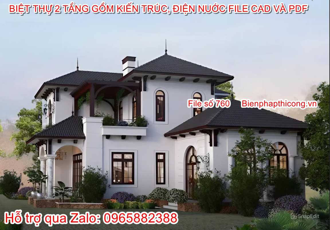 Hồ sơ bản vẽ cad biệt thự 2 tầng 15m x 12m 5 ngủ.