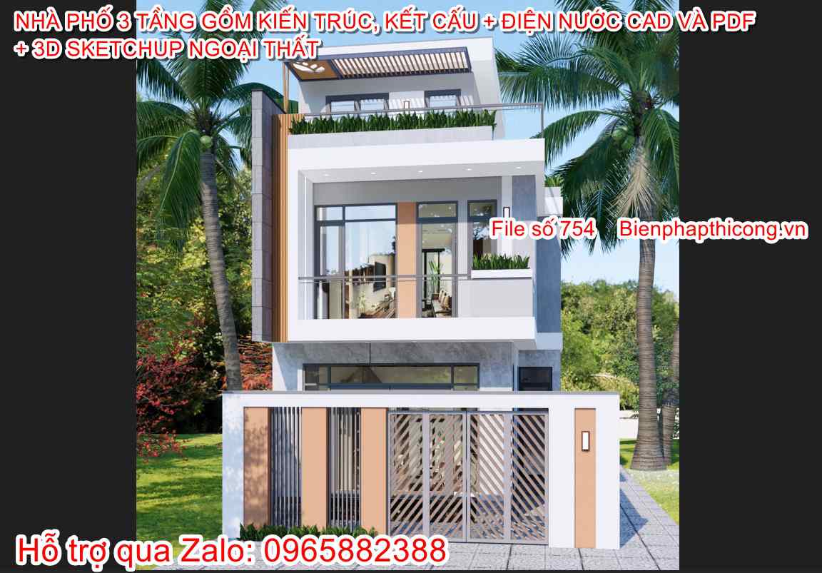 Hồ sơ thi công nhà ống 3 tầng 6,5m x 12m hiện đại.