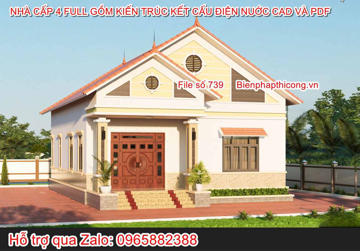 Hồ sơ bản vẽ cad pdf nhà cấp 4 4 phòng ngủ đẹp.