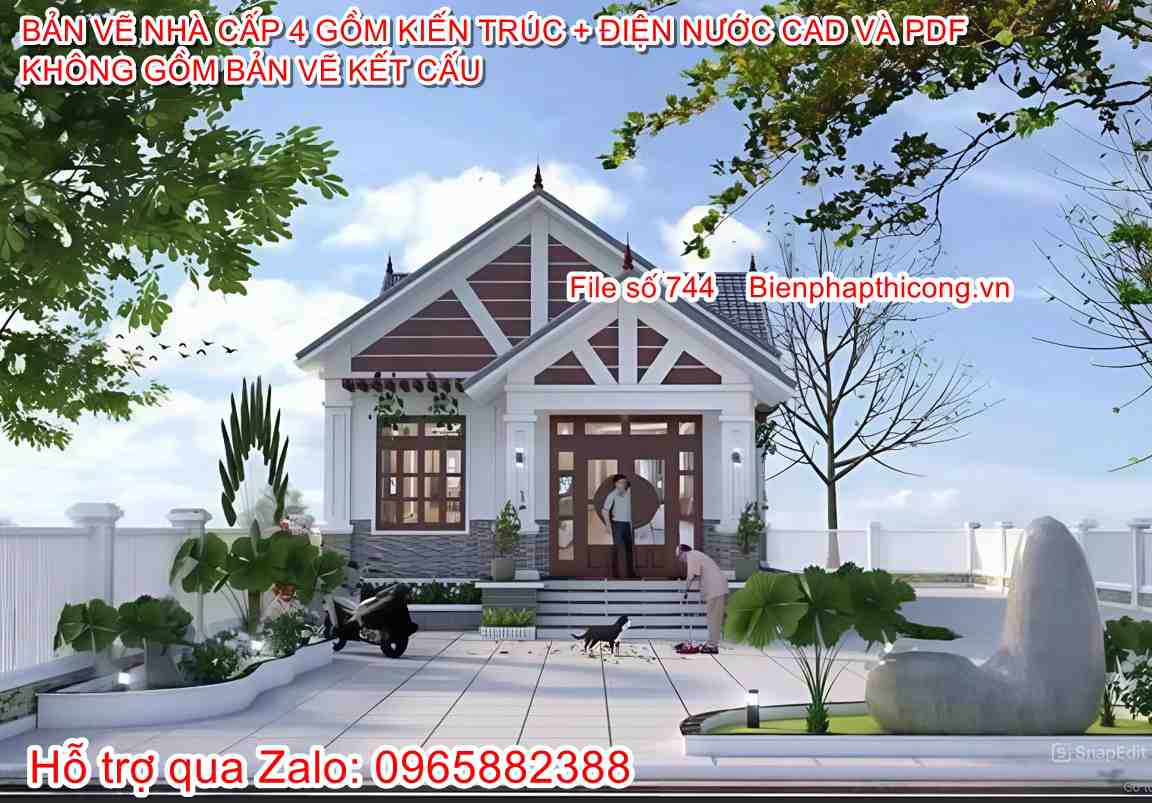 Hồ sơ thi công bản vẽ cad nhà cấp 4 mái thái 2 ngủ 7,5m x 15m.