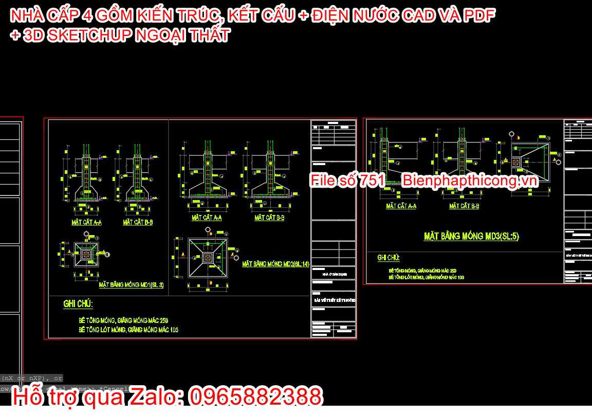 Bản vẽ chi tiết móng nhà 1 tầng mái nhật 4 ngủ đẹp.