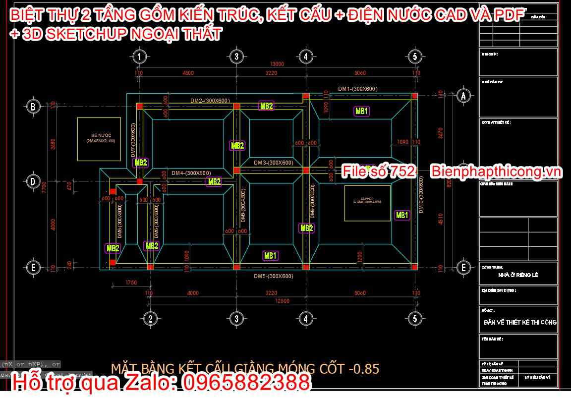 Bản vẽ kết cấu móng biệt thự 2 tầng tân cổ 8,2m x 13m.