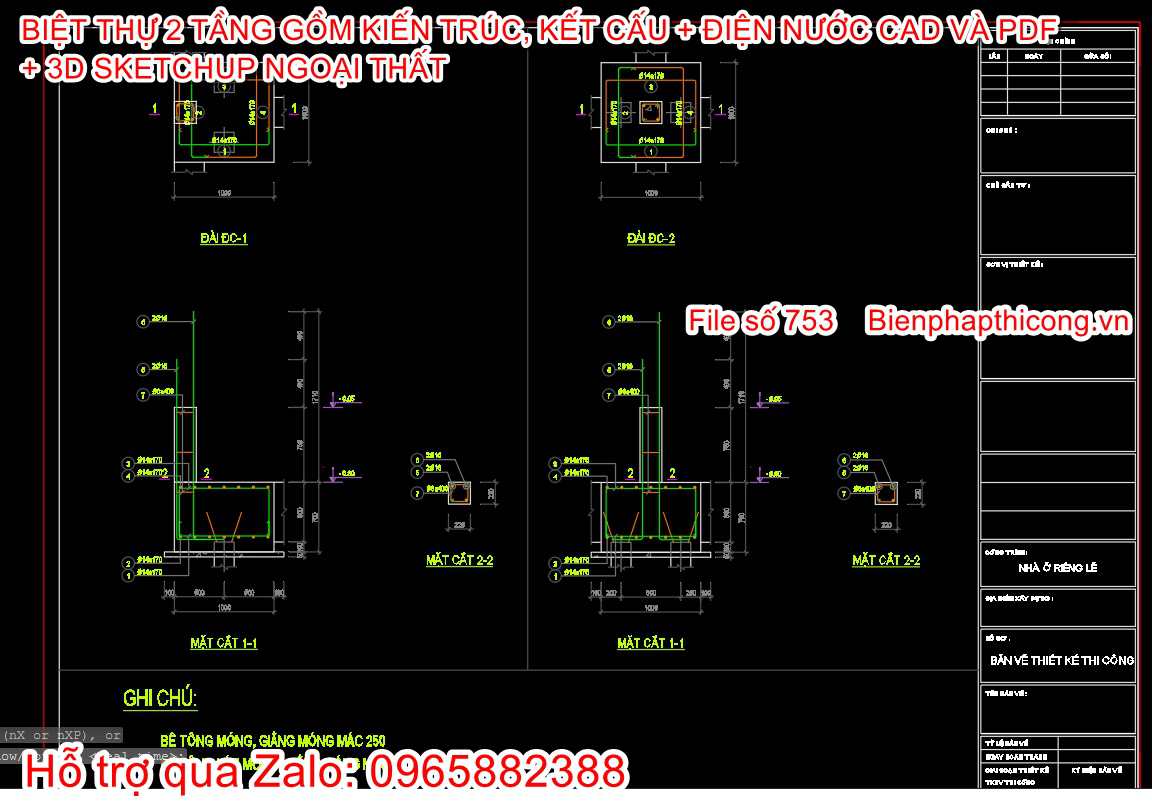 Bản vẽ thiết kế chi tiết móng biệt thự 2 tầng tân cổ.