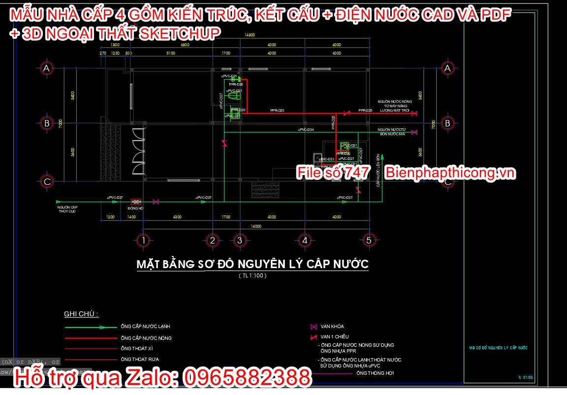 Bản vẽ thiết kế điện nước nhà cấp 4 7m x 15m.