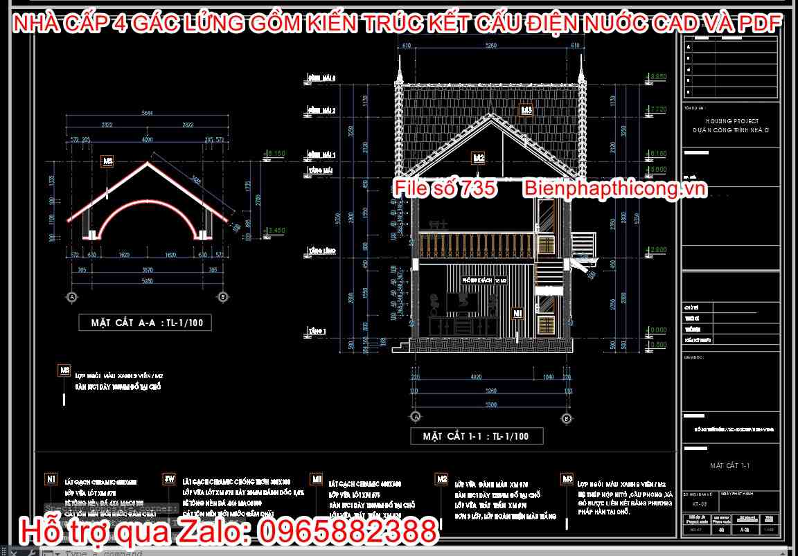 File thiết kế mặt cắt nhà cấp 4 có gác lửng 3 ngủ.