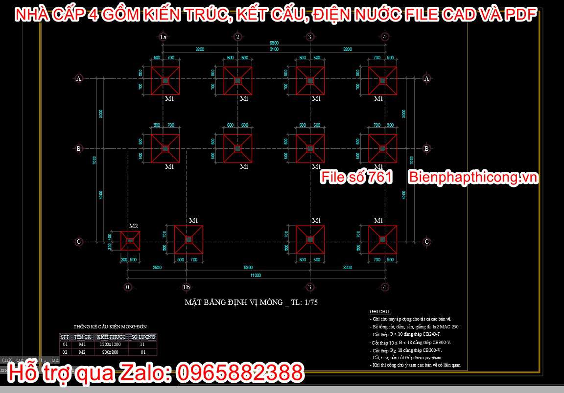 Mặt bằng móng nhà cấp 4 2 ngủ 7m x 11,5m.