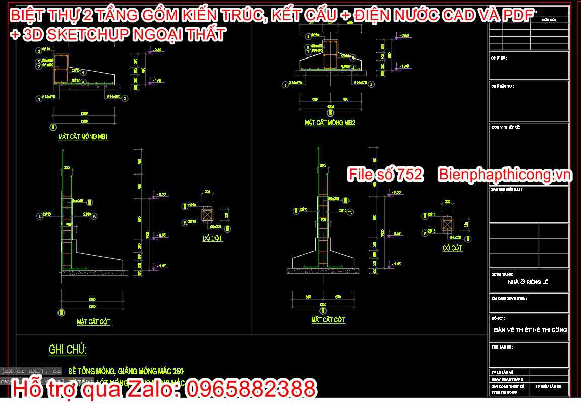 Bản vẽ chi tiết móng cọc biệt thự 2 tầng biệt thự 8,2m 110m2.