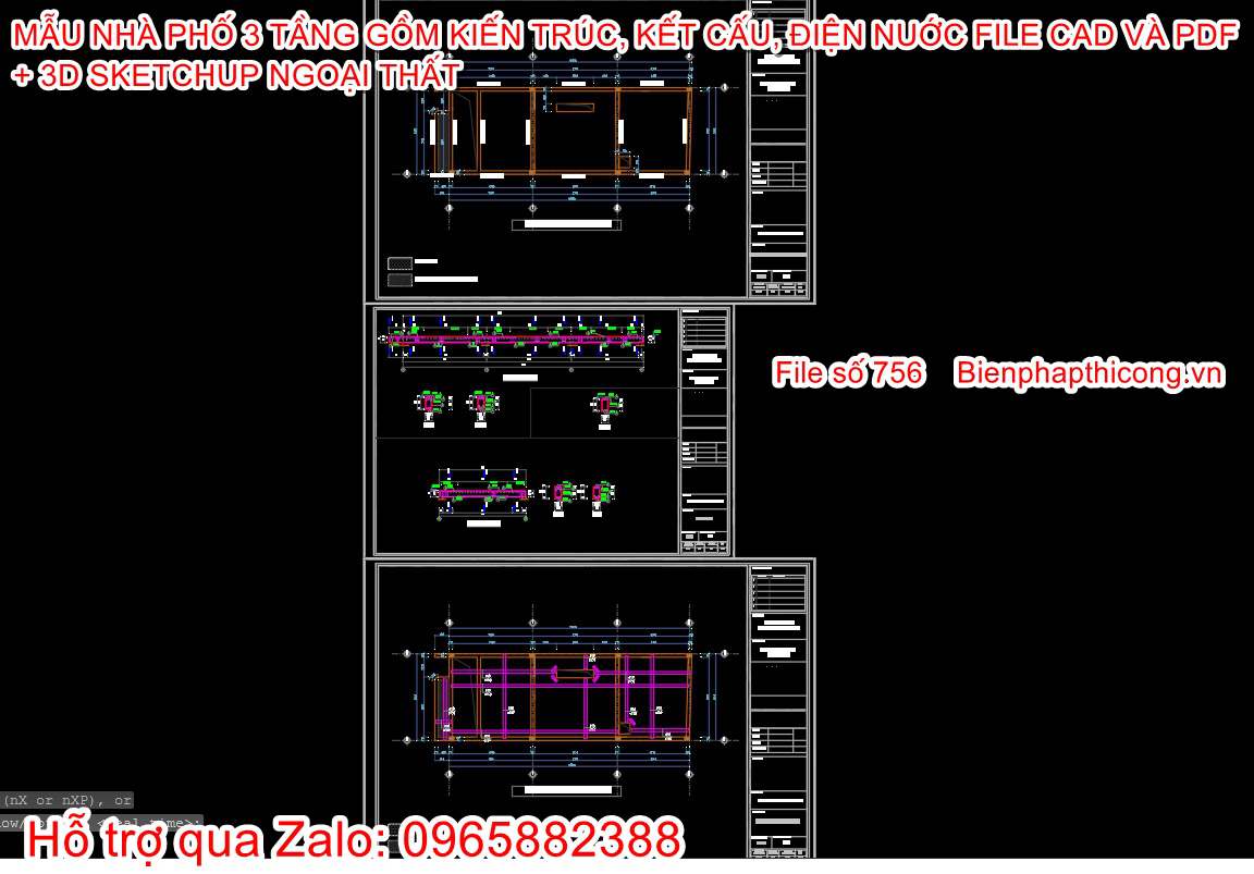 Bản vẽ kết cấu cad nhà phố 3 tầng 5,5m x 15,4m.