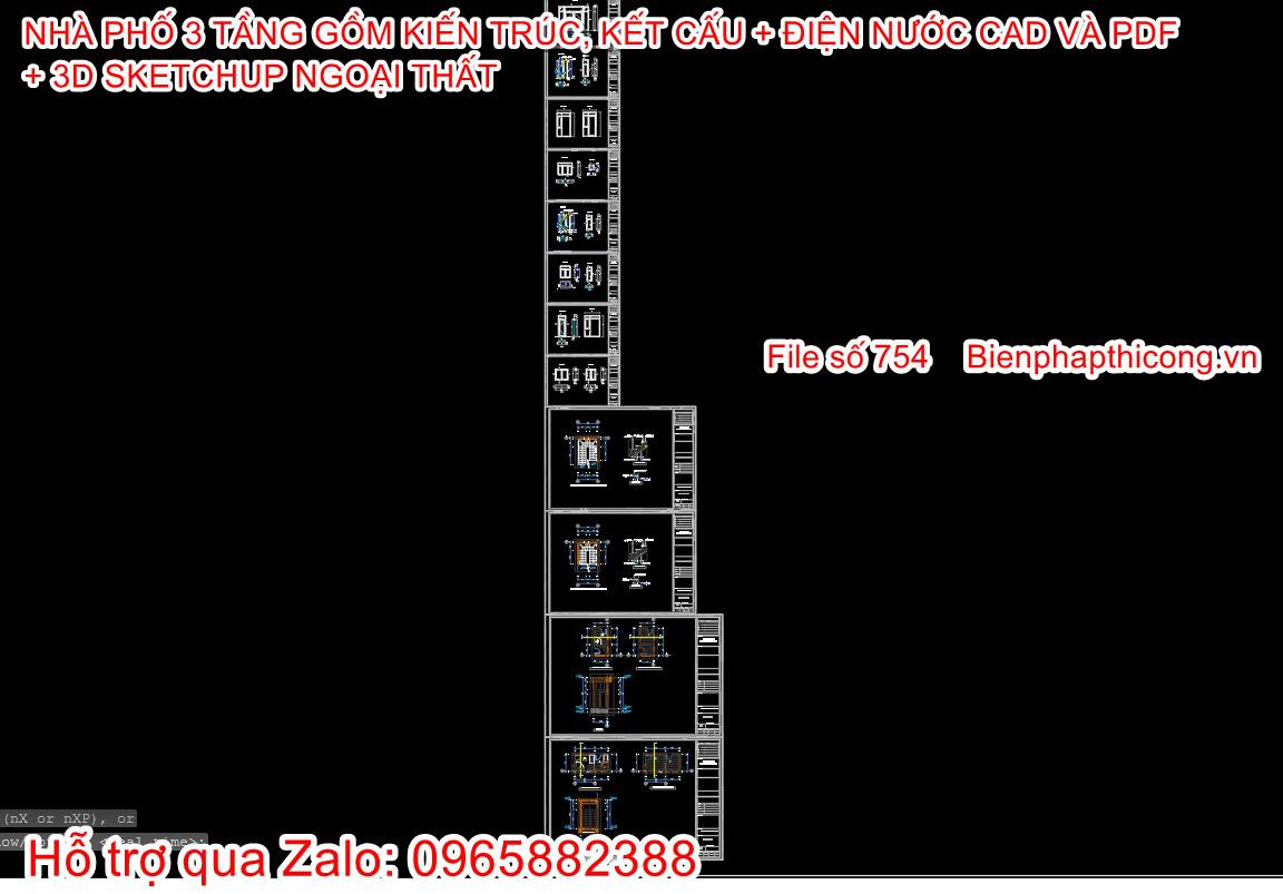 Bản vẽ thiết kế chi tiết cửa nhà phố 3 tầng đẹp.