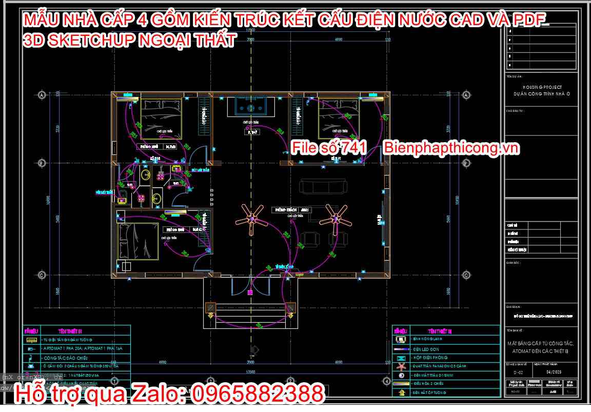 Bản vẽ thiết kế điện nước nhà cấp 4 mái nhật 3 ngủ.